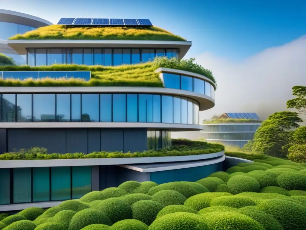 Edificio sustentable futurista con paneles solares integrados Edificio sostenible con paneles solares integrados, rodeado de vegetación y cielo azul