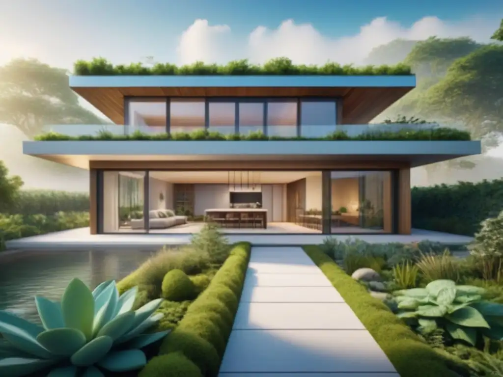 Arquitectura sostenible: Edificio moderno integrado con la naturaleza Edificio sostenible con requisitos financiamiento verde bienes raíces, ecoarquitectura integrada con naturaleza vibrante