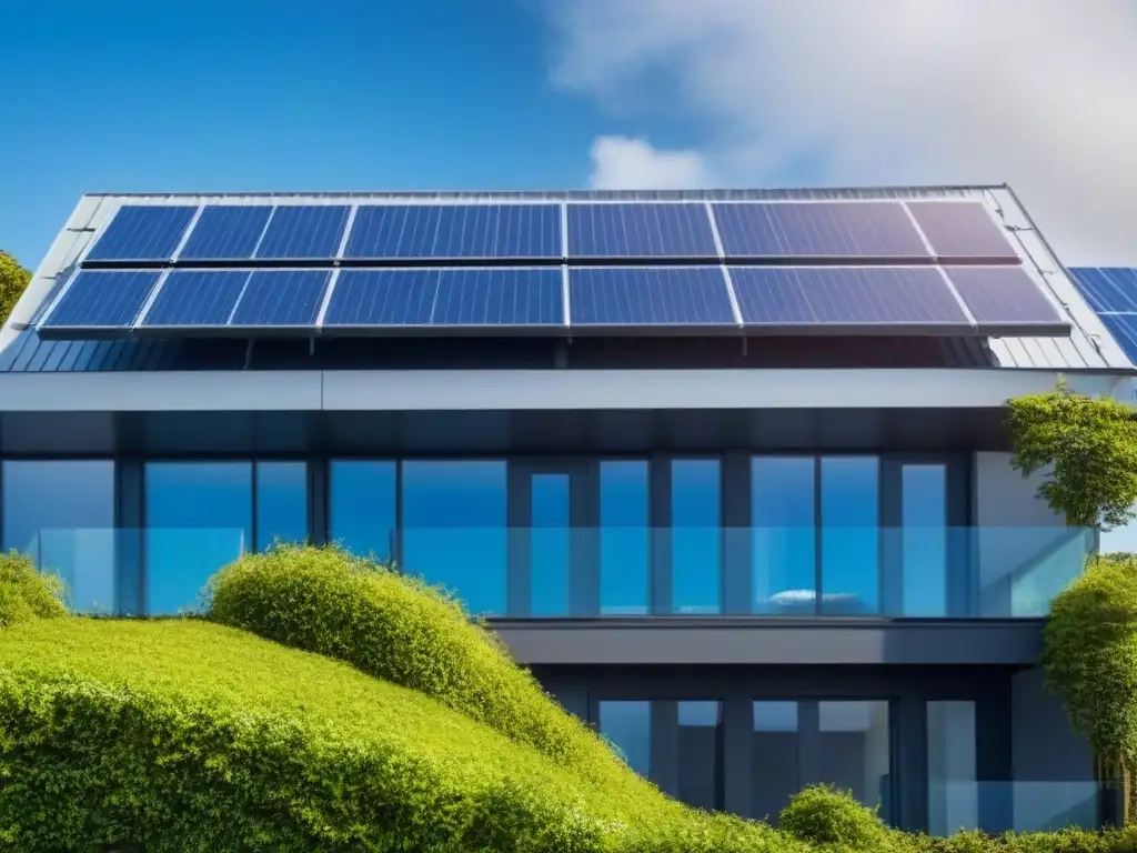 Edificio sostenible con paneles solares y diseño ecofriendly Un edificio sostenible rodeado de naturaleza bajo un cielo azul