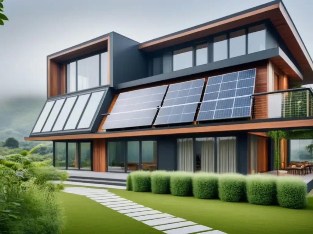 Edificio sostenible: diseño innovador y ecoamigable en la arquitectura Edificio sostenible rodeado de naturaleza, con paneles solares y diseño ecofriendly