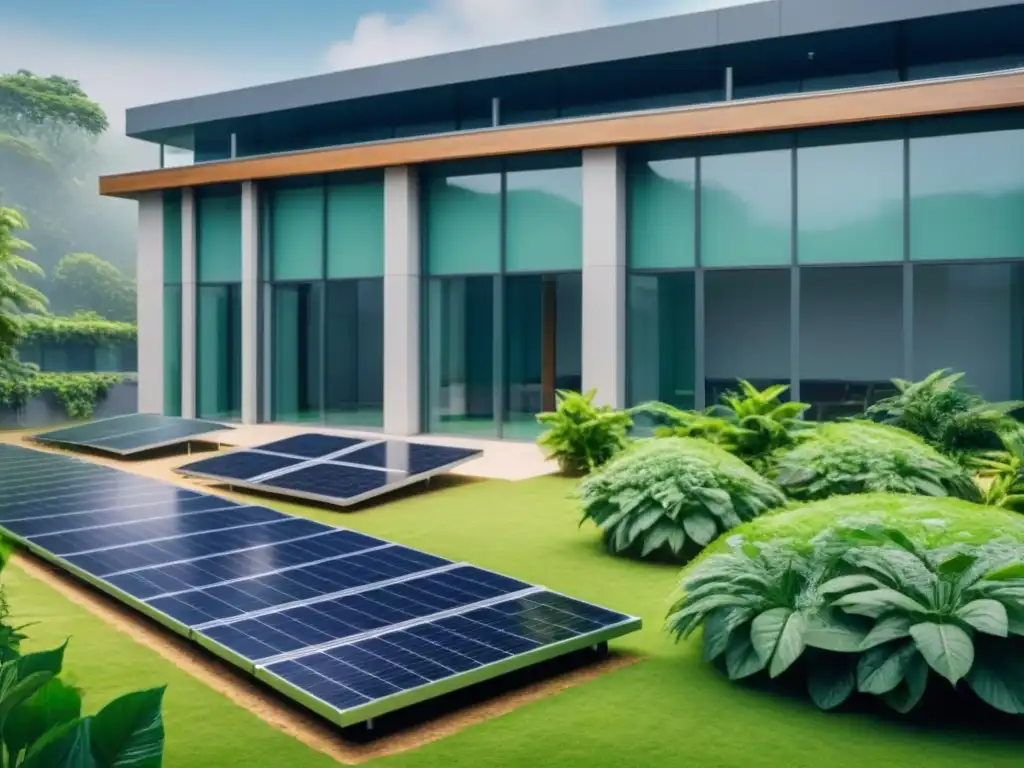 Edificio sostenible: moderno y ecológico en entorno verde Un edificio sostenible rodeado de naturaleza, paneles solares y estación de reciclaje