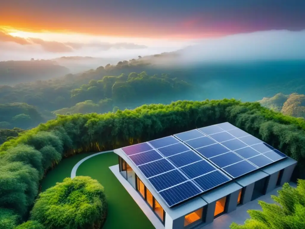 Ecoarquitectura sostenible en armonía con la naturaleza Un edificio sostenible rodeado de vegetación, paneles solares y certificaciones ambientales bienes raíces