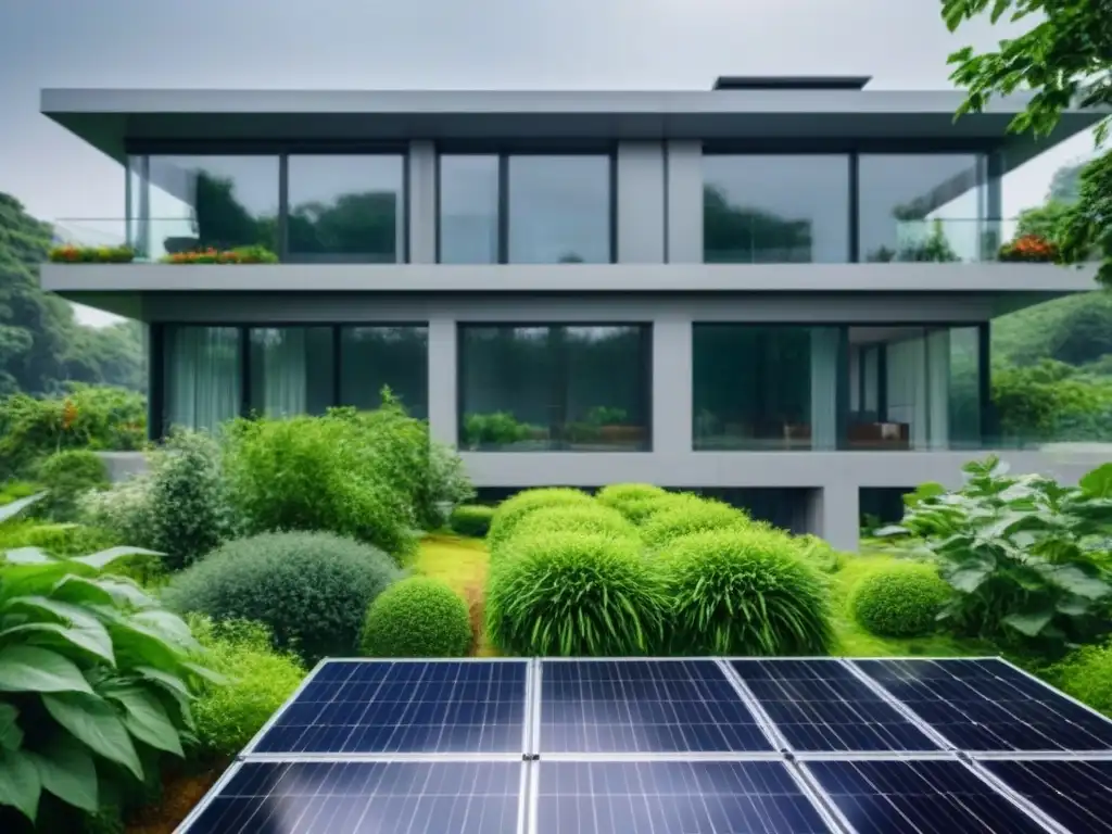 Edificio sostenible: diseño innovador y verde en 8k Un edificio sostenible rodeado de vegetación, paneles solares y diseño innovador