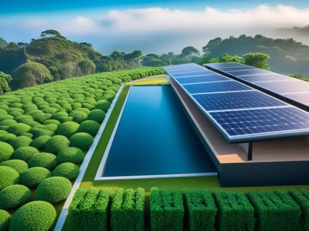 Edificio sostenible rodeado de vegetación, con paneles solares y techos verdes