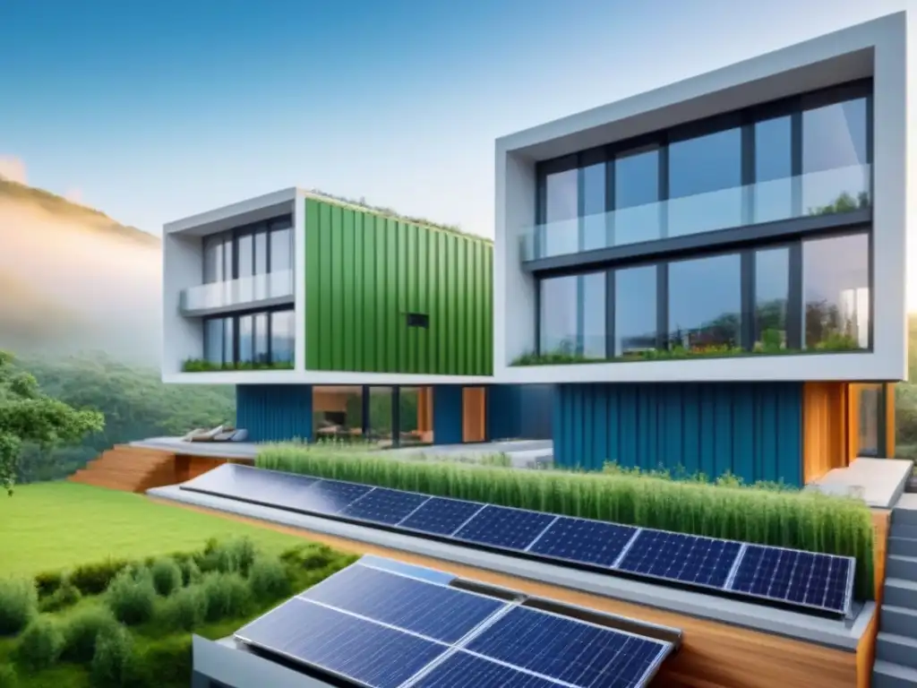 Edificio sostenible rodeado de vegetación, paneles solares y cielo azul