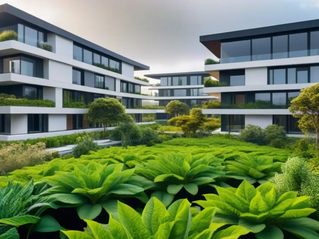 Edificio sostenible con cubiertas verdes y paneles solares Edificio sostenible con techos verdes, paneles solares y jardines, resaltando beneficios financiamiento verde bienes raíces