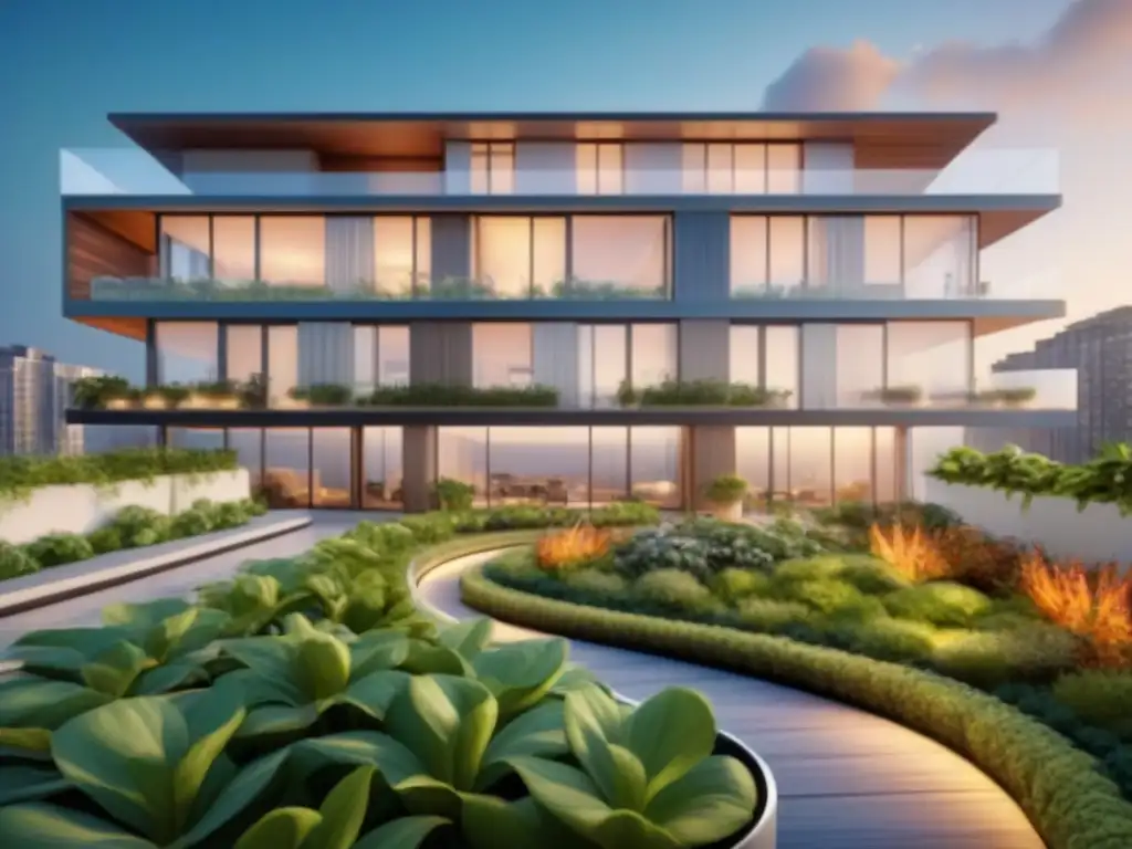 Rascacielos sostenible con jardines y paneles solares Edificio sustentable con jardines en azotea y paneles solares, reflejando el enfoque ecoamigable en proyectos inmobiliarios