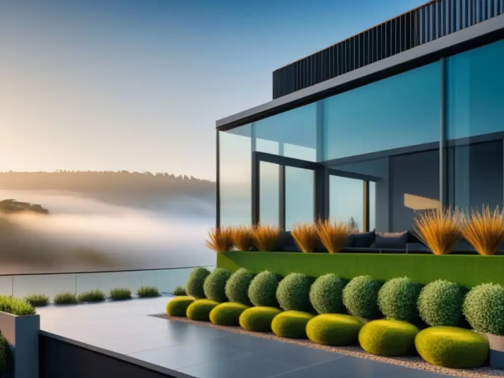 Edificio sostenible: innovación y colaboración en la industria inmobiliaria Un edificio vanguardista con paneles solares y jardines verdes, simbolizando innovación y colaboración en el sector inmobiliario