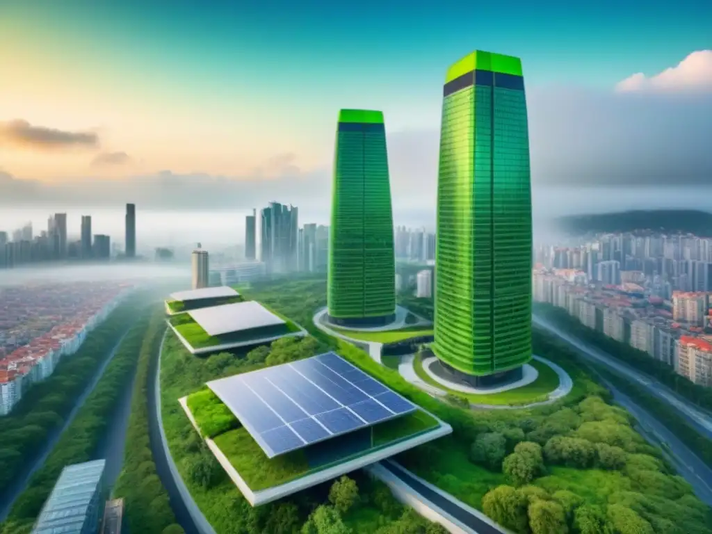 Edificio verde futurista en ciudad vibrante Un edificio verde futurista con diseño sostenible: paneles solares, techos verdes y fachadas de cristal