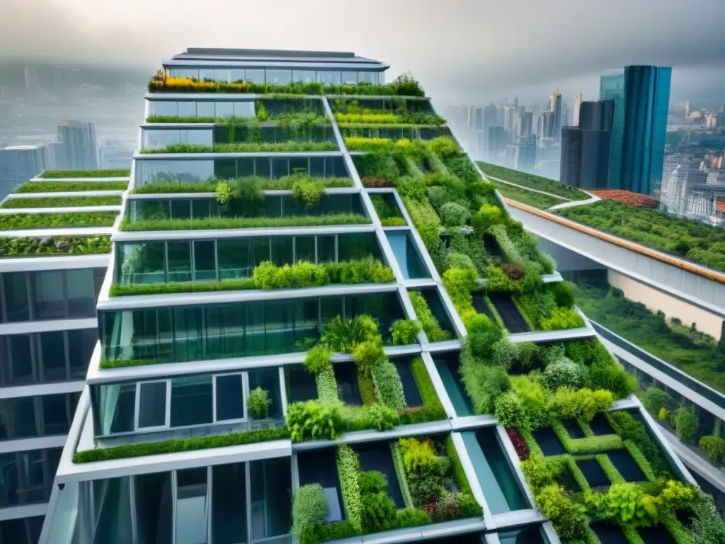 Edificio verde futurista con jardines verticales, paneles solares y ventanales grandes, integrando prácticas sostenibles en la ciudad