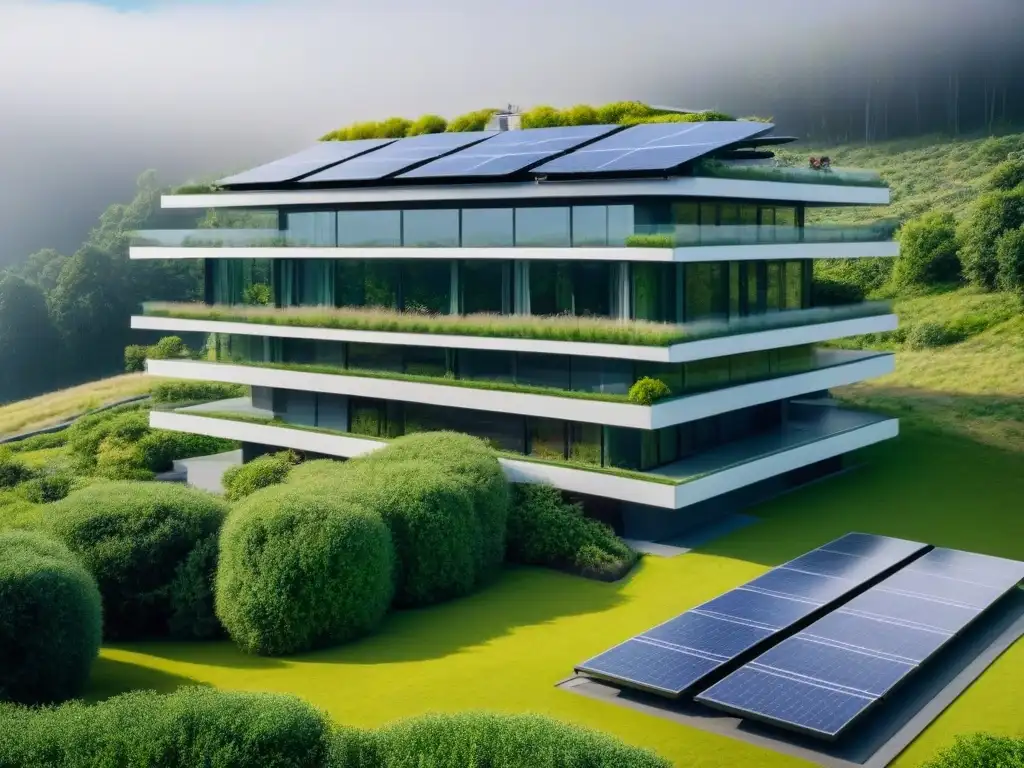 Innovadora construcción verde: arquitectura sostenible y tecnología eco Edificio verde futurista con paneles solares, rodeado de vegetación, simbolizando tecnologías verdes en construcción financiamiento