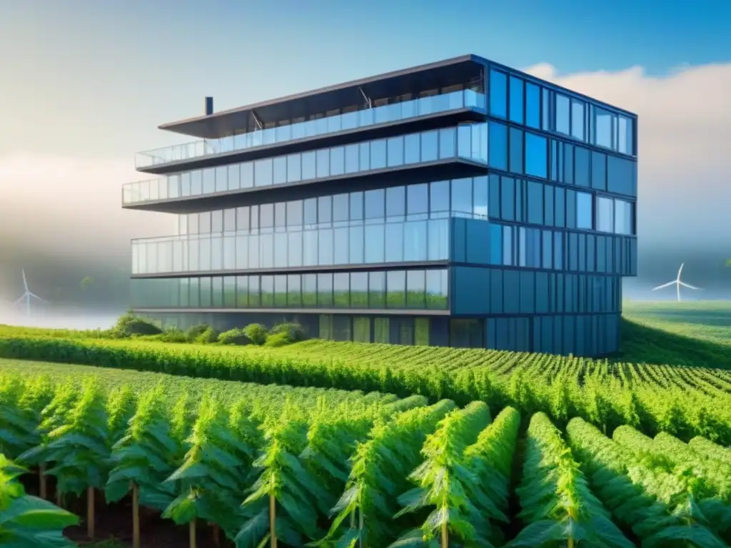 Edificio verde vanguardista: diseño sostenible con energía renovable Un edificio verde innovador con paneles solares y turbinas eólicas, rodeado de vegetación, bajo un cielo azul