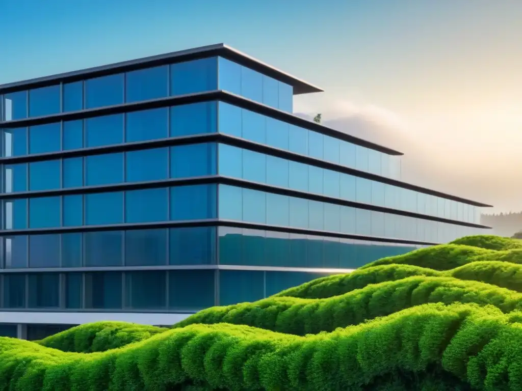 Edificio verde y sostenible: innovación en tecnologías verdes Un edificio verde moderno con tecnologías verdes como paneles solares y techos verdes, rodeado de vegetación, bajo cielos azules
