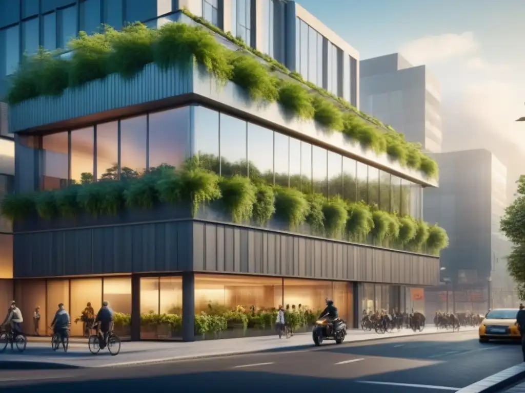 Edificio verde sostenible en paisaje urbano moderno Edificio verde sostenible en ciudad urbana, con paneles solares y vegetación