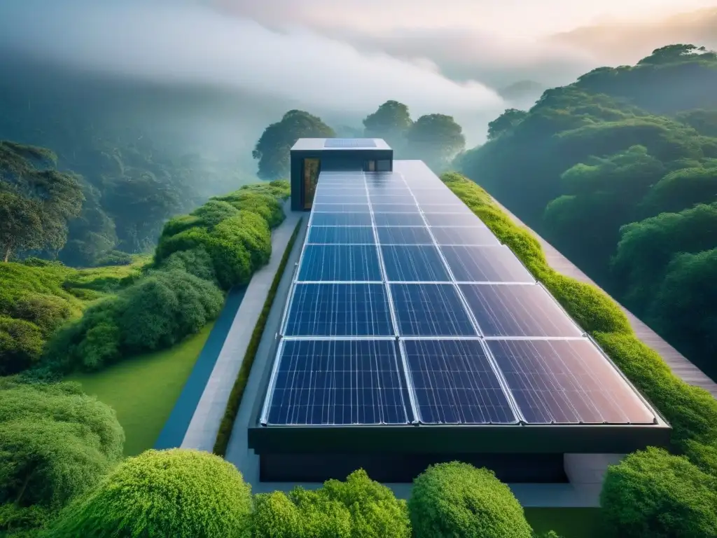 Edificio sostenible: arquitectura moderna en armonía con la naturaleza Un edificio verde sostenible con diseño moderno y arquitectura futurista, rodeado de naturaleza y paneles solares