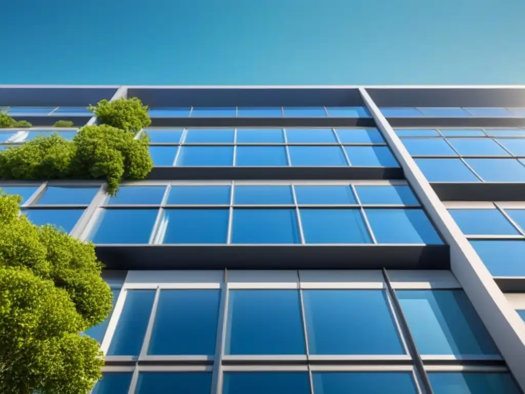 Edificio sostenible con diseño vanguardista y paneles solares en 8k Un edificio verde sostenible con paneles solares y techos verdes, destacando contra el cielo azul