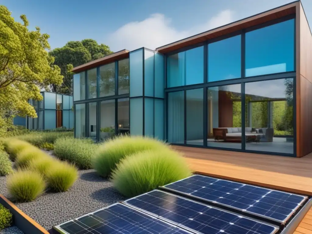 Un edificio verde sostenible rodeado de naturaleza, paneles solares y diseño moderno, ideal para crowdfunding inmobiliario verde sostenible