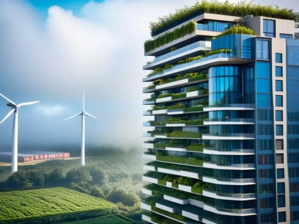 Edificio verde sostenible rodeado de naturaleza, energía solar y molinos eólicos, ideal para crowdfunding inmobiliario verde sostenible