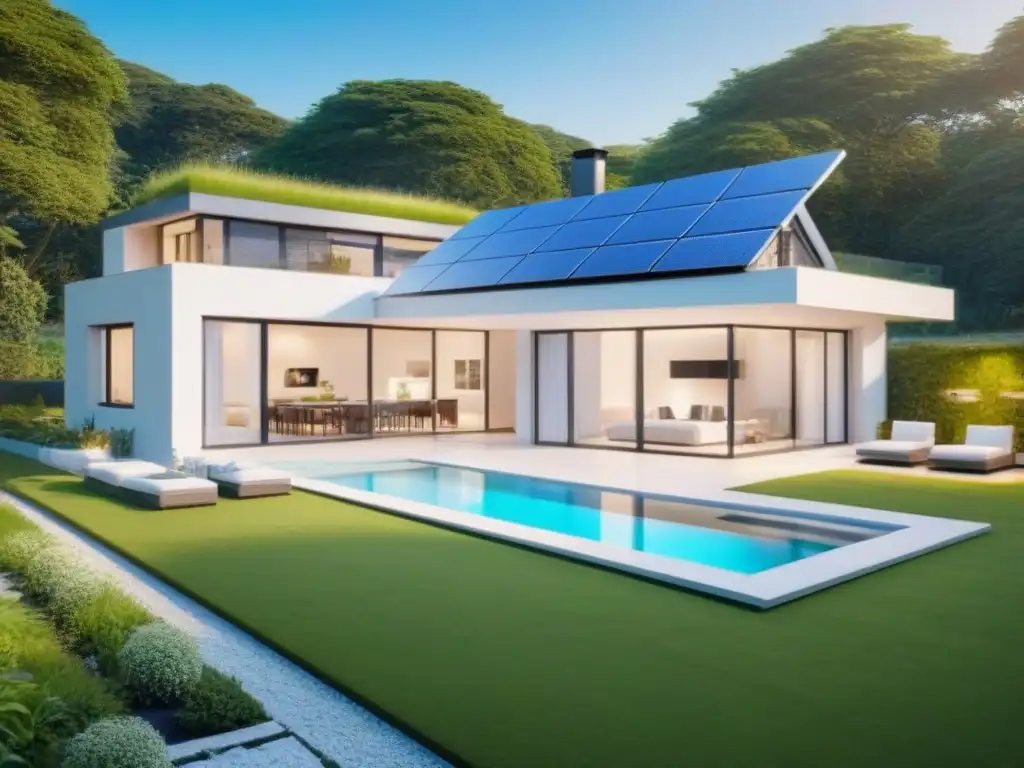 Residencia futurista sostenible: tecnología energética avanzada en 8K Eficiencia energética en préstamos inmobiliarios: Casa inteligente futurista sostenible con tecnologías avanzadas y diseño ecoamigable
