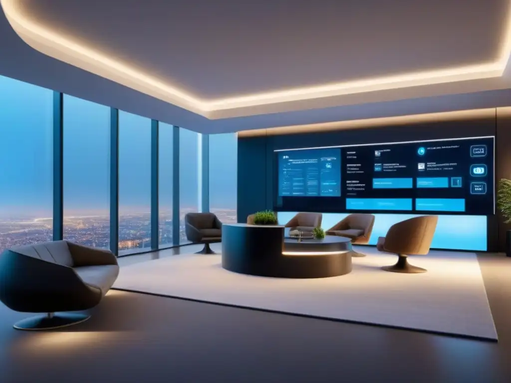 Oficina futurista con Proptech conectada y colaborativa Innovación y eficiencia en la Integración de servicios Proptech inmobiliarios en un lobby futurista