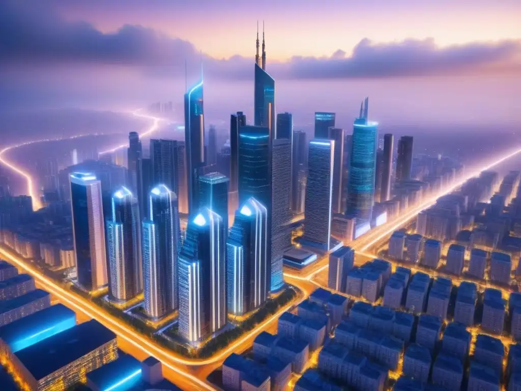 Metrópolis futurista: automatización en finanzas inmobiliarias Eficiencia operativa en finanzas inmobiliarias: una metrópolis futurista con rascacielos interconectados por líneas luminosas