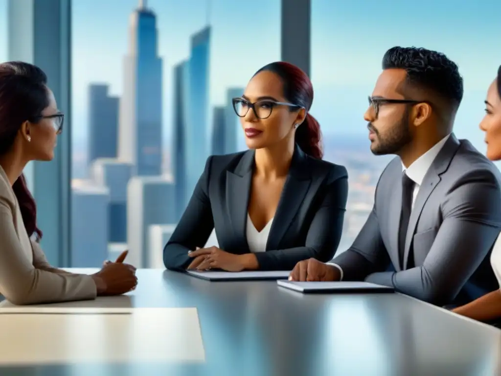 Reunión estratégica de profesionales diversificados en oficina moderna Una ejecutiva latina presenta una inversión inteligente en REITs comerciales en una moderna oficina