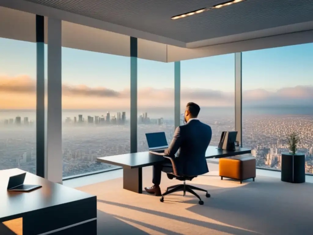 Oficina de lujo con vista panorámica a la ciudad europea Un ejecutivo reflexiona sobre errores financieros inmobiliarios Europa en lujosa oficina con vista panorámica