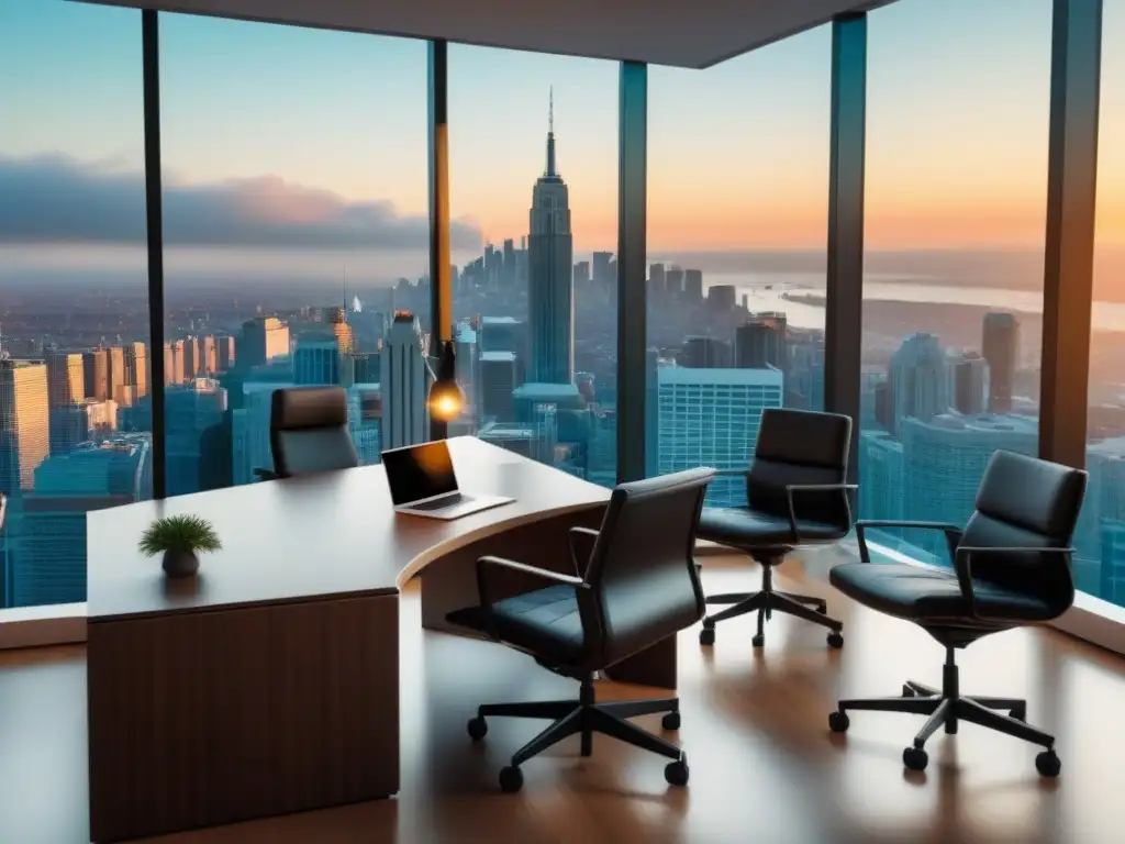 Elegante oficina con vista a la ciudad para análisis financiero Un ejecutivo exitoso analiza gráficos financieros en una oficina moderna con vista a la ciudad