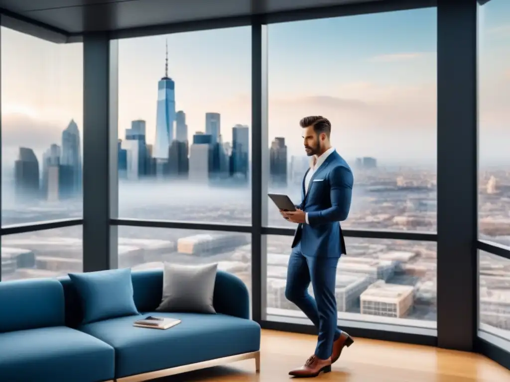 Oficina moderna de lujo: ética y sofisticación en finanzas inmobiliarias Un ejecutivo lee pautas éticas en una oficina moderna de lujo, con ventanales y vista urbana