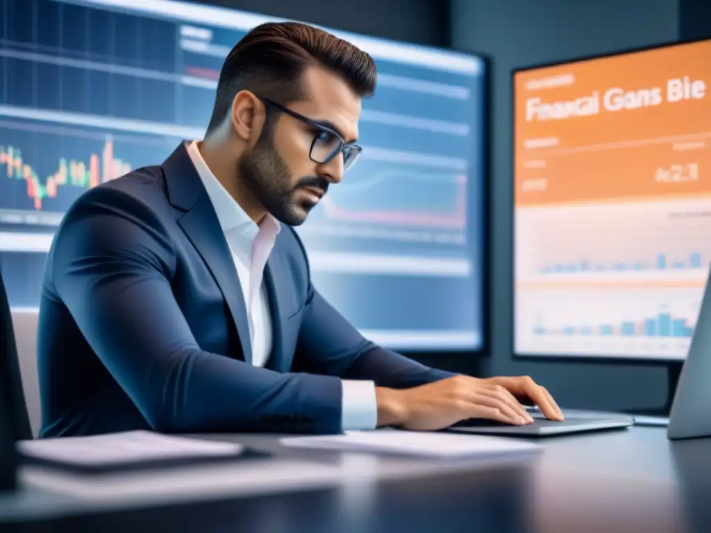 Inversiones seguras: análisis financiero en la era digital Un ejecutivo reflexivo en un ambiente futurista y profesional, rodeado de gráficos financieros