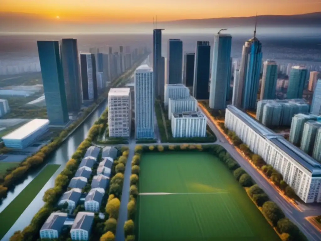 Horizonte urbano al atardecer: impacto en seguros de propiedad La elección de seguro de propiedad influida por la ubicación de este vibrante atardecer urbano