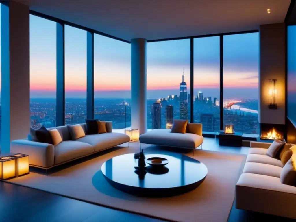 Salón de lujo en penthouse con vista a la ciudad La elegancia de un lujoso salón en un ático, con ventanales y vista a la ciudad