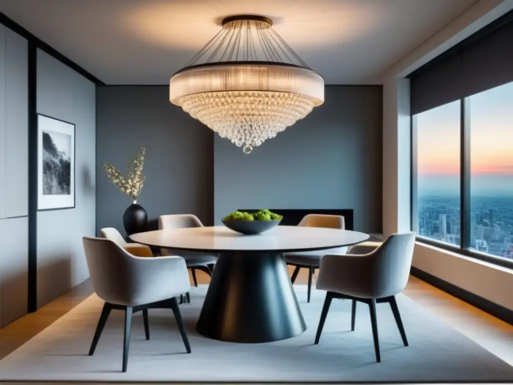 Interior de apartamento moderno y lujoso con vistas urbanas Un elegante apartamento moderno con mobiliario sofisticado, decoración elegante y vista urbana