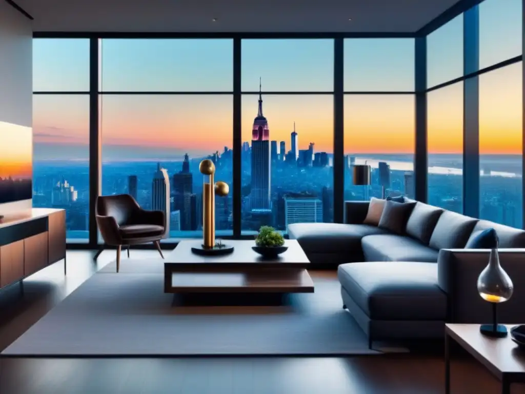 Interior de apartamento de lujo con vista urbana impactante Un elegante apartamento con vista a la ciudad, decorado con muebles contemporáneos y cálido ambiente