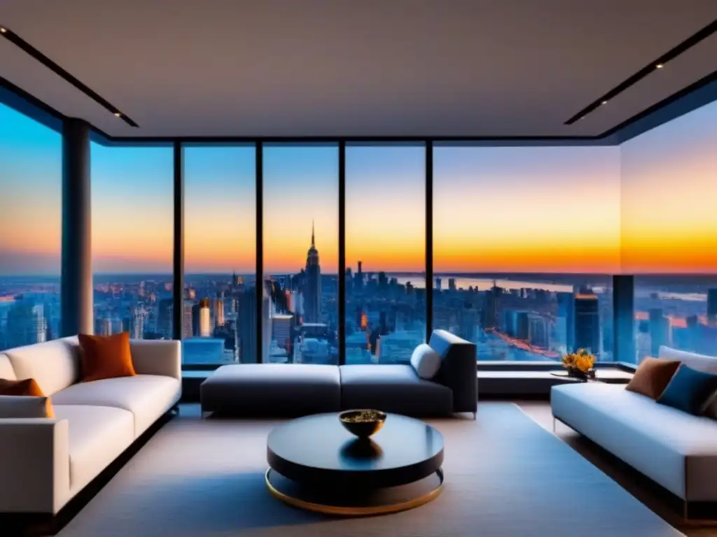 Penthouse de lujo con vista panorámica al atardecer en la ciudad Un elegante ático moderno con ventanales que muestran una vista panorámica de la ciudad al atardecer