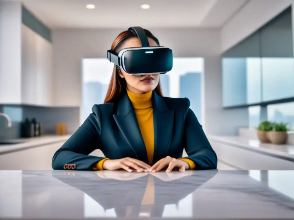 Realidad virtual: fusión tecnológica en bienes raíces Un elegante auricular de realidad virtual en un mostrador de mármol blanco, reflejando una ciudad futurista en sus lentes