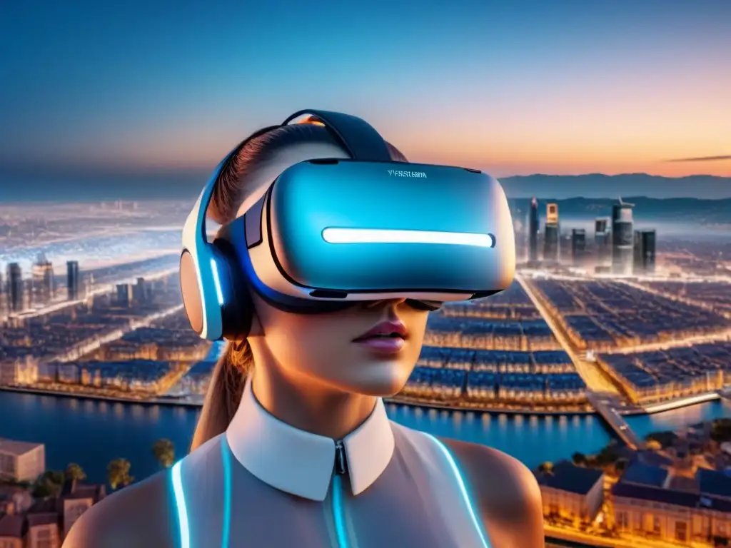 Realidad virtual inmobiliaria de lujo en 8k Un elegante auricular de realidad virtual flotando entre propiedades de lujo