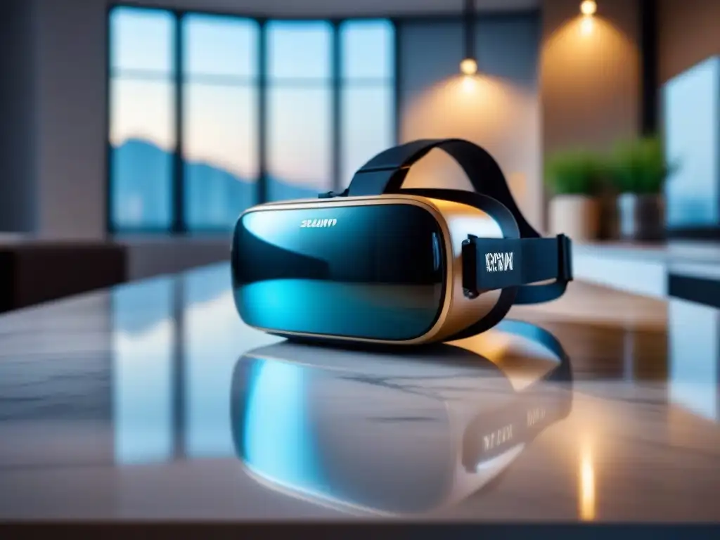 Headset de realidad virtual en mármol con luz ambiental Un elegante auricular de realidad virtual en un lujoso mostrador de mármol, reflejando una ciudad