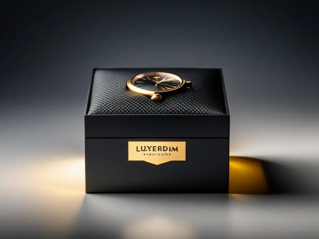 Exclusiva caja de lujo negra y dorada para reloj de alta gama Elegante caja negra y dorada para reloj de lujo, con patrones intrincados y logo de marca prestigiosa