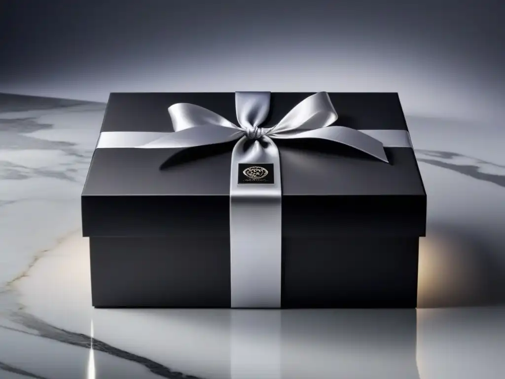 Exclusiva caja regalo negra mate con lazo plateado: lujo y elegancia Elegante caja de regalo negro mate con lazo plateado, detalles en relieve y logo de marca de lujo en plata