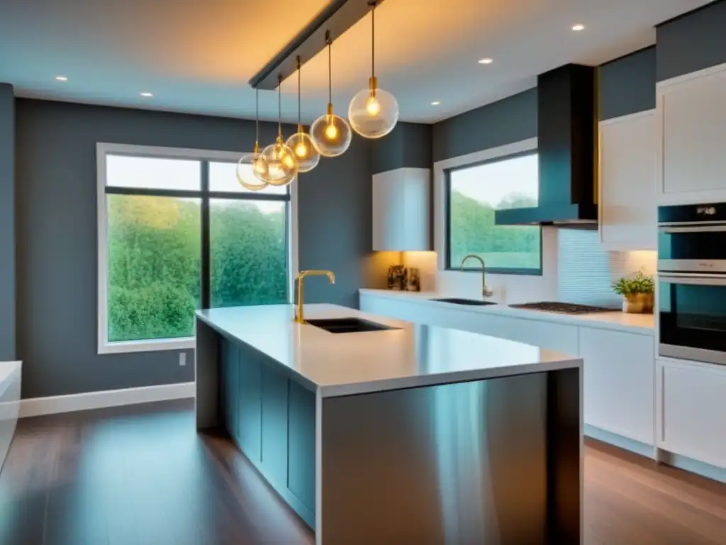 Renovación de cocina de lujo: isla moderna, electrodomésticos de acero inoxidable y elegantes detalles en dorado Elegante renovación de cocina con isla, electrodomésticos de acero y tonos blancos y grises