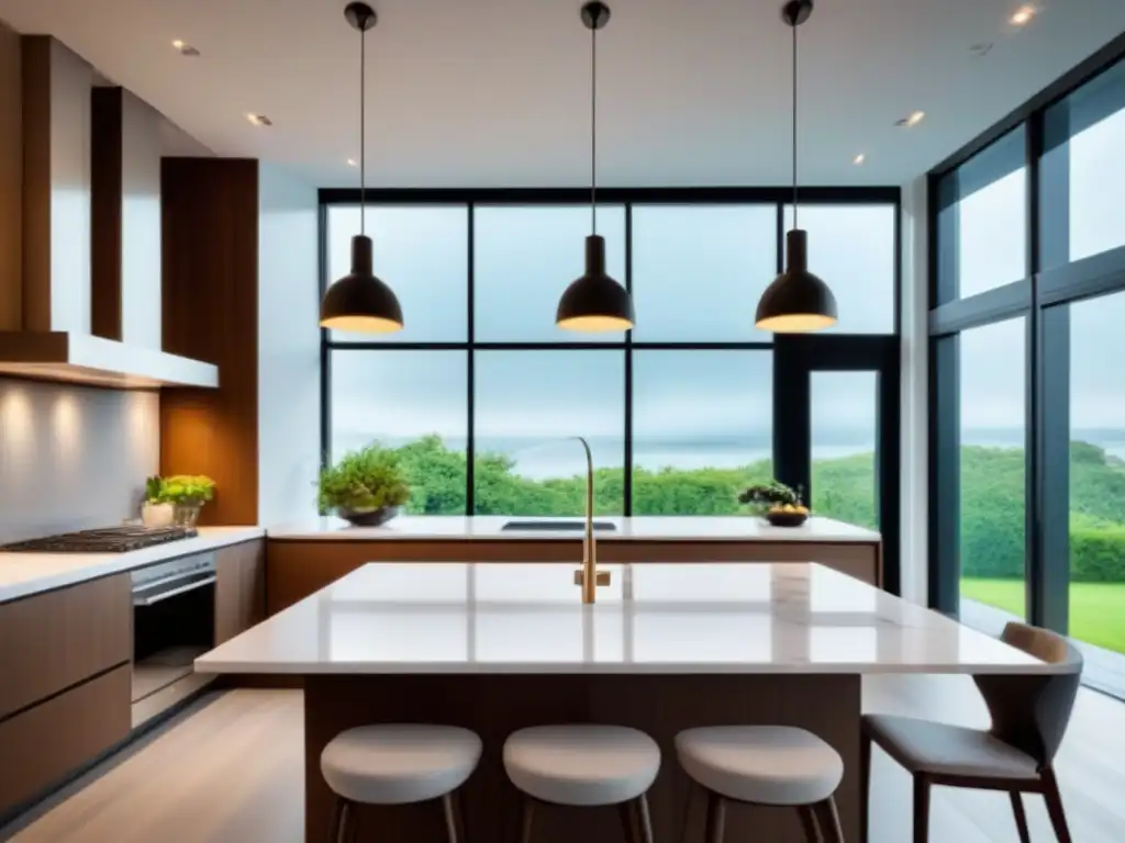 Cocina de lujo: diseño minimalista y elegante para charlas de hipoteca Elegante cocina moderna con mármol blanco, electrodomésticos de acero inoxidable y una isla amplia iluminada por focos modernos