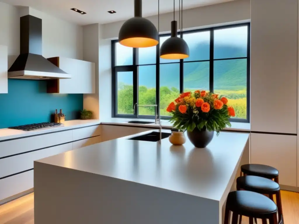 Cocina moderna de lujo con isla amplia y luminosa Elegante cocina moderna con isla amplia y luz natural, ideal para requisitos financiamiento inmobiliario ingreso