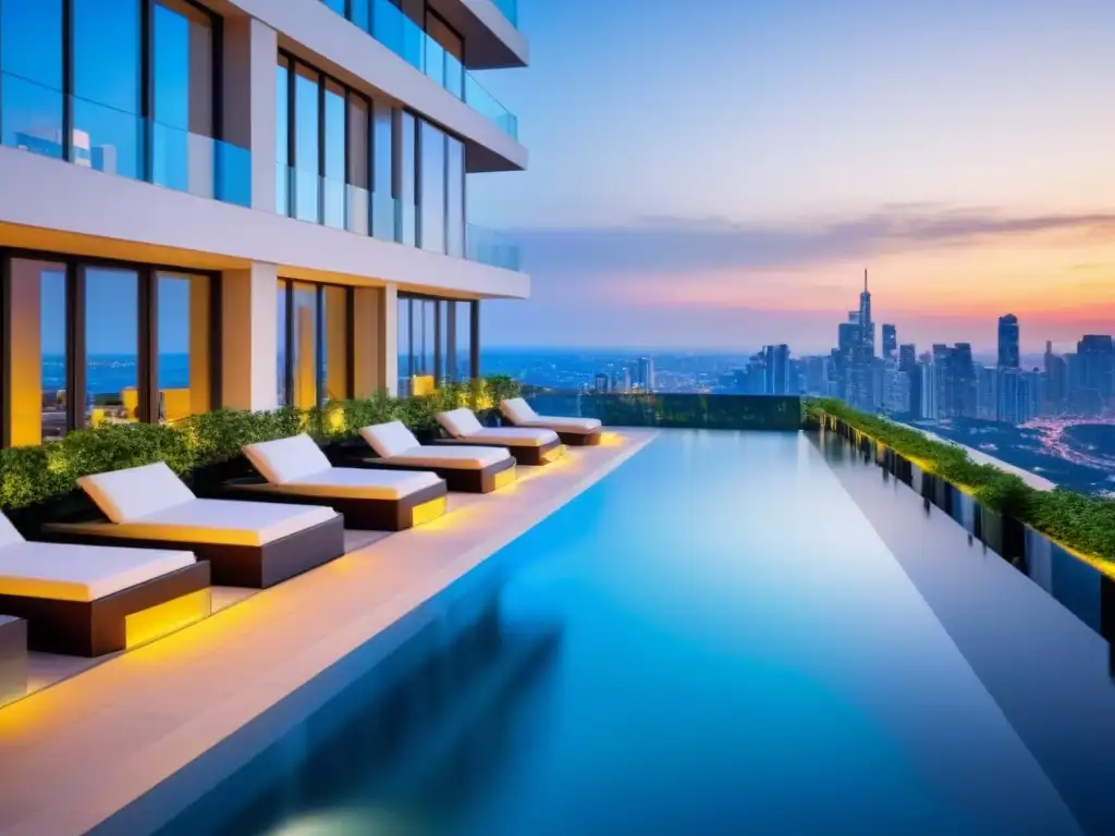 Condominio de lujo con piscina infinita en la azotea y vistas panorámicas al atardecer Elegante complejo residencial de lujo con diseño moderno y piscina infinita en la azotea, rodeado de vegetación y con vistas a la ciudad al atardecer