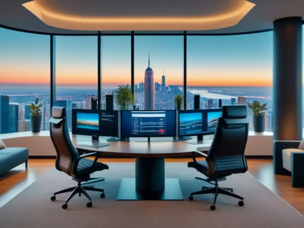 Oficina inmobiliaria moderna y profesional con vista urbana en 8k Un elegante despacho inmobiliario con tecnología de vanguardia y profesionales discutiendo estrategias de video marketing inmobiliario