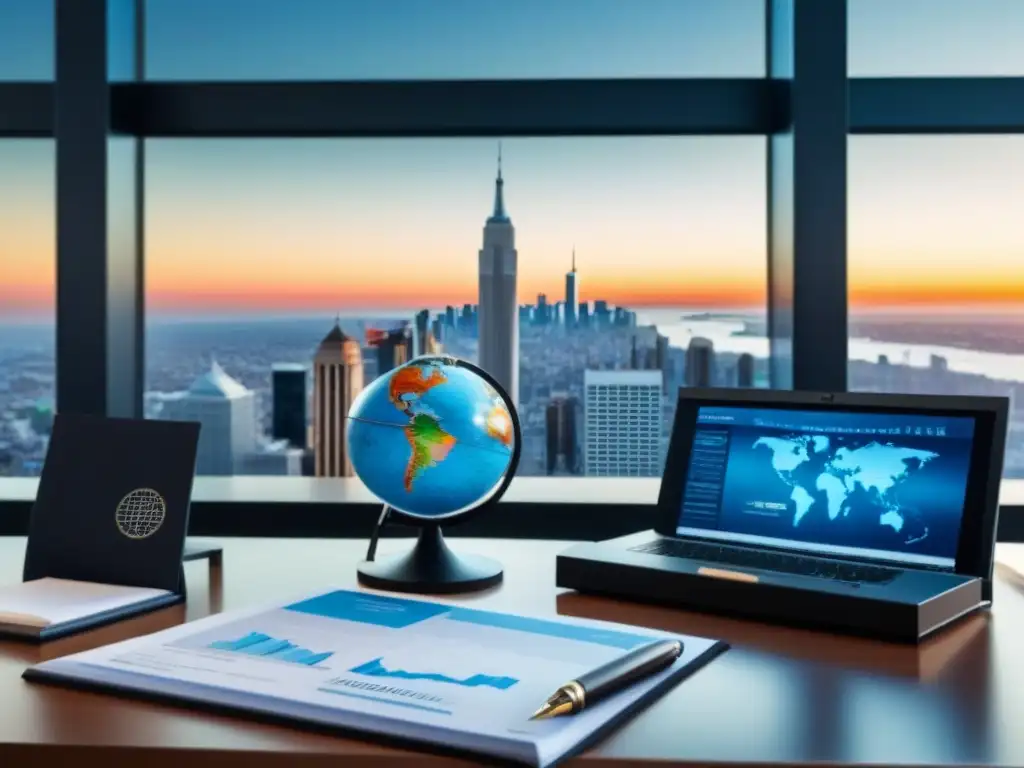 Oficina de lujo: inversión internacional y finanzas globales Un elegante despacho moderno con documentos de inversión internacional, un globo terráqueo y una calculadora