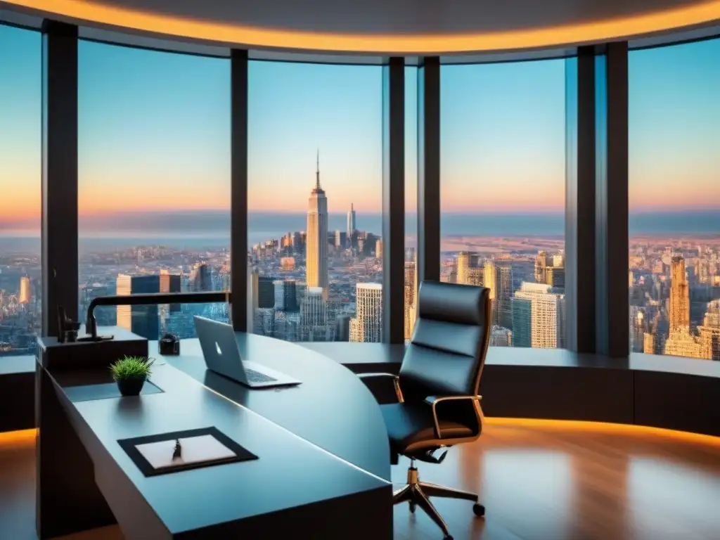 Oficina de lujo: elegancia y profesionalismo en financiamiento inmobiliario Un elegante despacho moderno con escritorio de cristal, tecnología de punta y vistas panorámicas, simbolizando sofisticación y profesionalismo en la industria de financiamiento inmobiliario