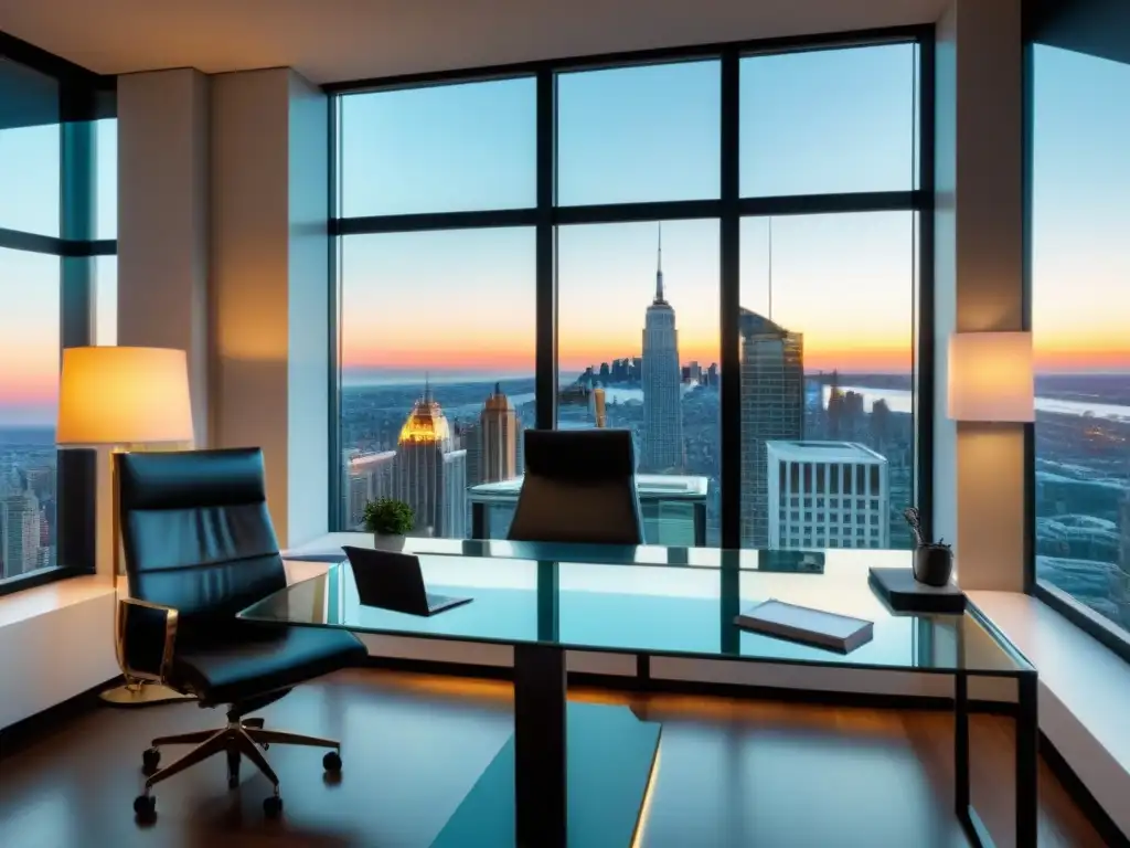 Oficina moderna de lujo: alto nivel y elegancia urbana Un elegante despacho moderno, con una mesa de cristal, silla ergonómica y vista panorámica de la ciudad