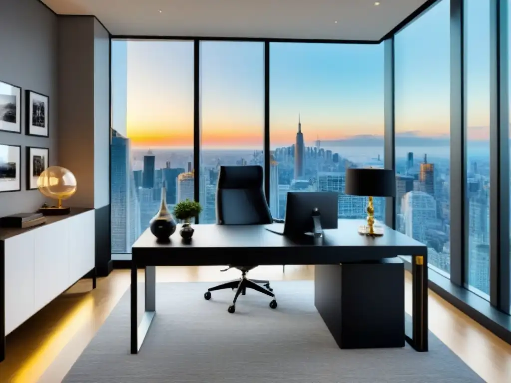 Oficina moderna de lujo con vista panorámica a la ciudad Un elegante despacho moderno con vistas a la ciudad, mobiliario minimalista y colores sofisticados, inspirando profesionalismo