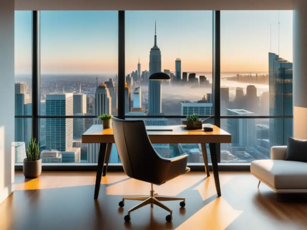Oficina moderna con vista panorámica: éxito y sofisticación Un elegante despacho con vista a la ciudad, lleno de luz natural y decoración minimalista
